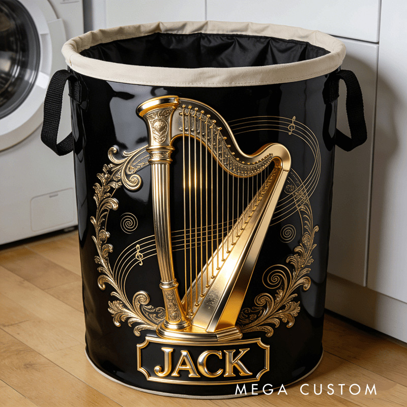 Personalized 2D Flat Harp-Shaped Storage Basket for Laundry Toys Organizer Laundry Hamper for Music Lovers