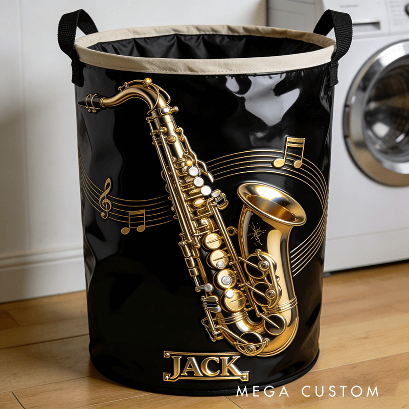 Personalized 2D Flat Saxophone-Shaped Storage Basket for Laundry Toys Organizer Laundry Hamper for Music Lovers
