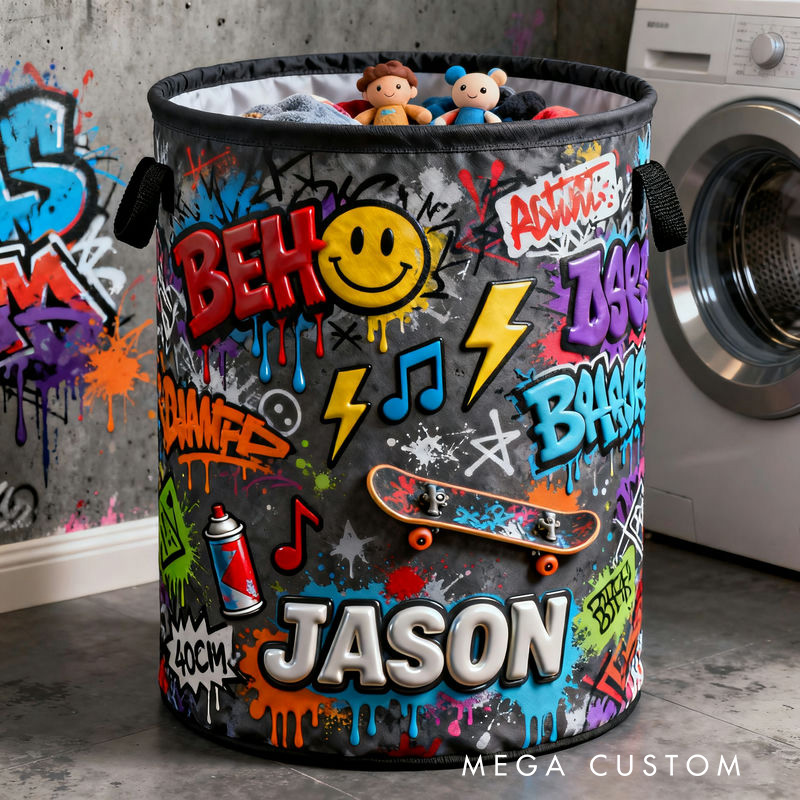 Personalized 2D Flat Street Graffiti Themed Storage Basket for Laundry Toys Organizer Laundry Hamper for Art Lovers