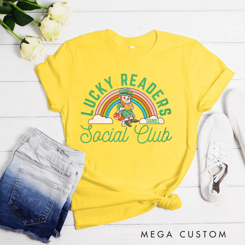 Personalized Lucky Readers Social Club Classic T-Shirts Bookish Retro St Patricks Day Leprechaun Librarian Tee with Name for Book Lover Irish Friends Gift