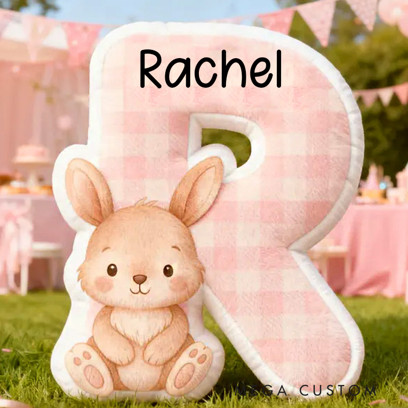 Personalized Animal Theme Custom Name Pink Blue Check Alphabet Letter Cushion Cute Rabbit 3D Print Pillow