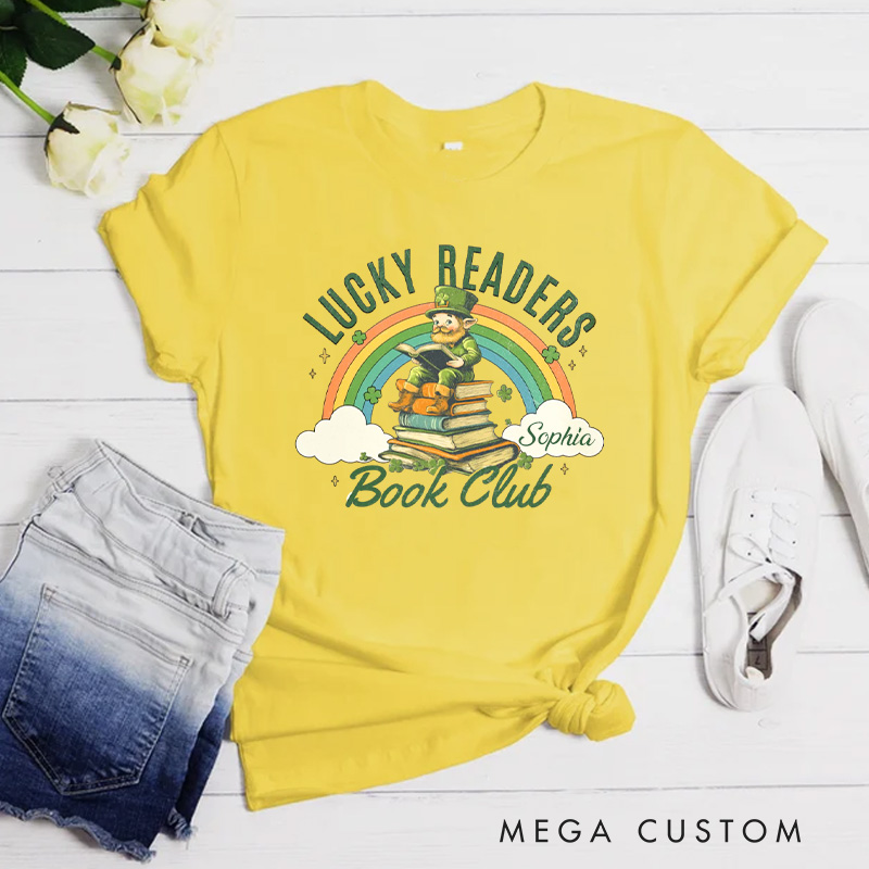 Personalized Lucky Readers Book Club Classic T-Shirts Rainbow Clover Heart Tee St Patricks Day Shirt with Name for Book Lover Librarian Irish Gift