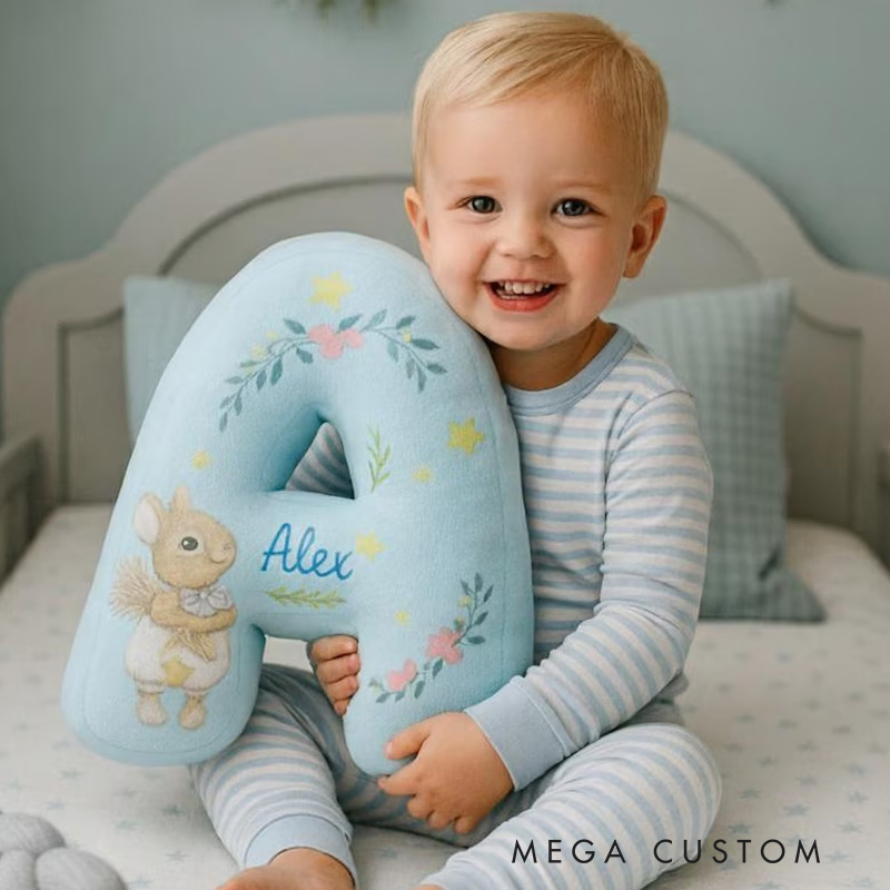 Personalized Nursery Theme Custom Name Soft Blue Letter Shape with Adorable Bunny 3D Print Pillow