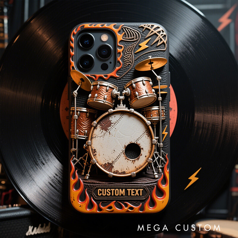 Personalized 2D Flat Drum Set Flame Theme Phone Case Music Lover iPhone Case Music Gift