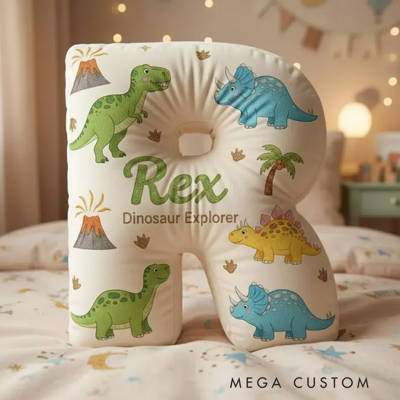 Personalized Dinosaur Theme Custom Name Alphabet Letter Cushion with Cute Dinos 3D Print Pillow