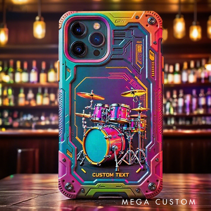 Personalized 2D Flat Drum Set Cyberpunk Theme Phone Case Music Lover iPhone Case Music Gift