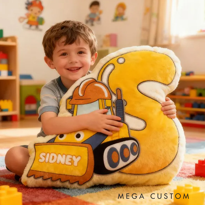 Personalized Construction Theme Custom Name Yellow Alphabet Cushion with Excavator 3D Print Pillow
