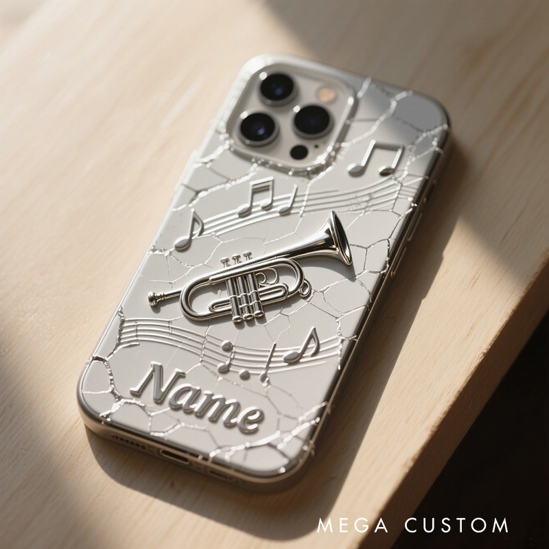Personalized 2D Flat Cracked Silver Trumpet Instrument Phone Case Music Lover iPhone Case Music Gift