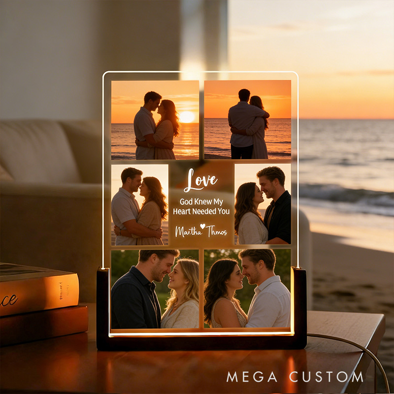 Personalized God Knew My Heart Needed You 6 Photos Acrylic LED Night Light with Custom Name Text and Wooden Base Valentine's Day Gift for Couple