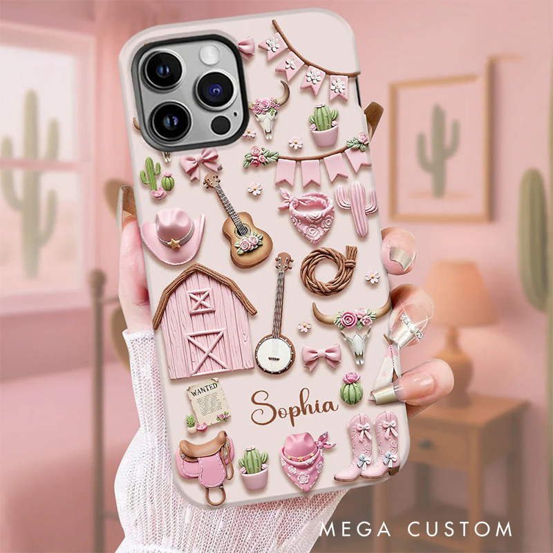 Personalized 2D Flat Pink Cowgirl Country Music Phone Case Music Lover iPhone Case Music Gift