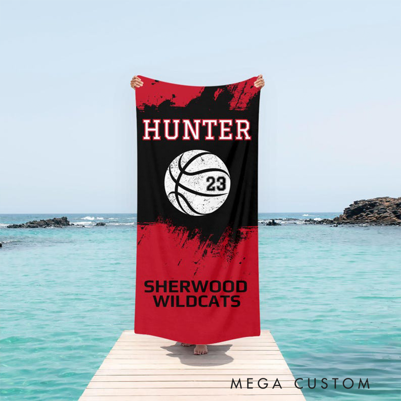 Personalized Basketball Beach Towel with Custom Name Number Team Name and Bold Design Perfect for Fans and Players