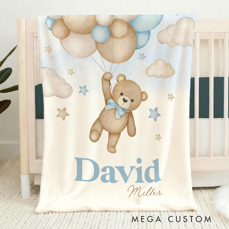 Personalized Bear Balloon Soft Throw Blanket with Name Home Decor Birthday Baby Shower Gift for Newborns Kids