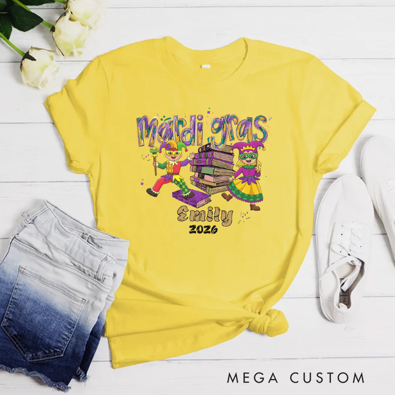 Personalized Mardi Gras Book Classic T-Shirts with Jesters and Books Carnival Bookish Shirt with Name Gift for Book Lover Bookworm Reader
