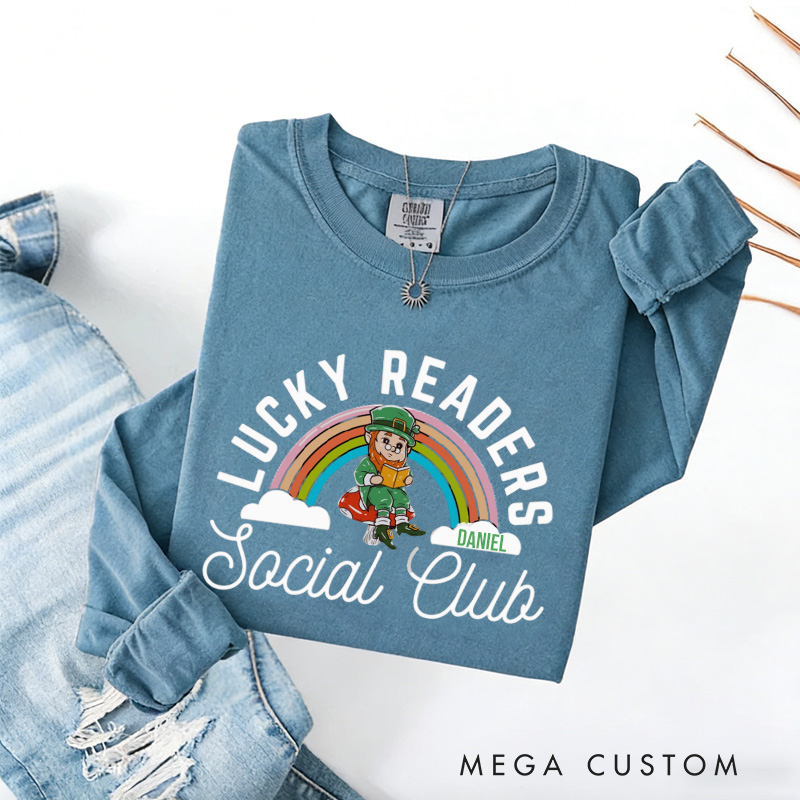 Personalized Lucky Readers Social Club Sweatshirt Rainbow Gnome Reading Sweatshirt with Name St. Patrick Day Gift for Librarian Book Lover Irish Friends