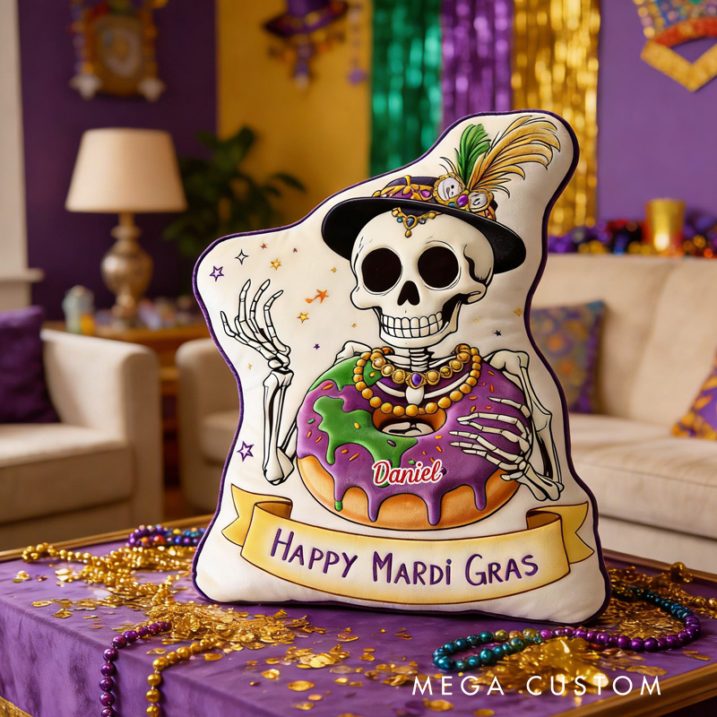 Personalized Mardi Gras King Cake Throw Pillow Graphic 3D Print Skeleton Cake Pillow with Name Mardi Gras Gift for Girl Boy Kids Pillow Baking Lover Gifts