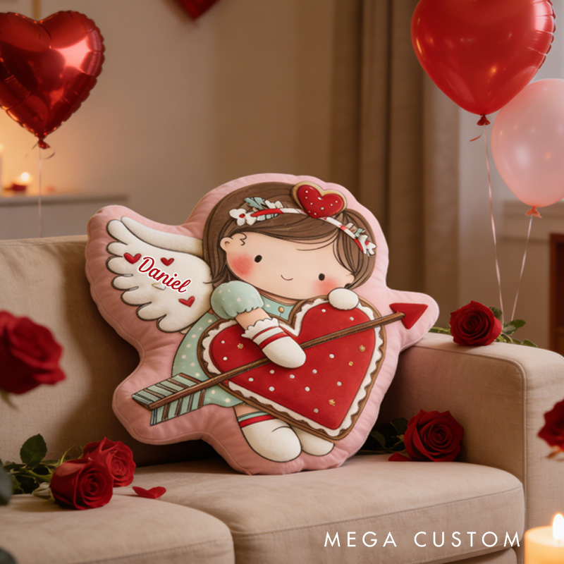 Personalized Cute Cookie Girl Throw Pillow Graphic 3D Print Girl with Red Heart Pillow with Name Valentine's Day Gift for Girl Boy Kids Pillow Baking Lover Gifts