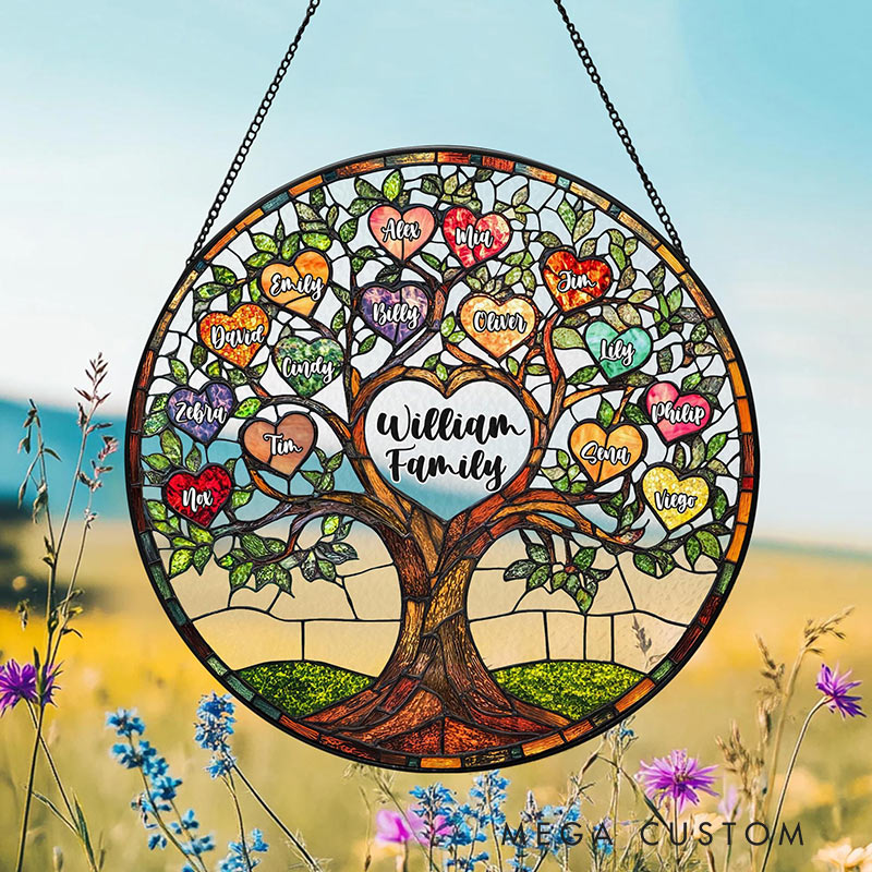Personalized Family Tree Faux Stained Glass Suncatcher Custom Window Decor Gift for Family