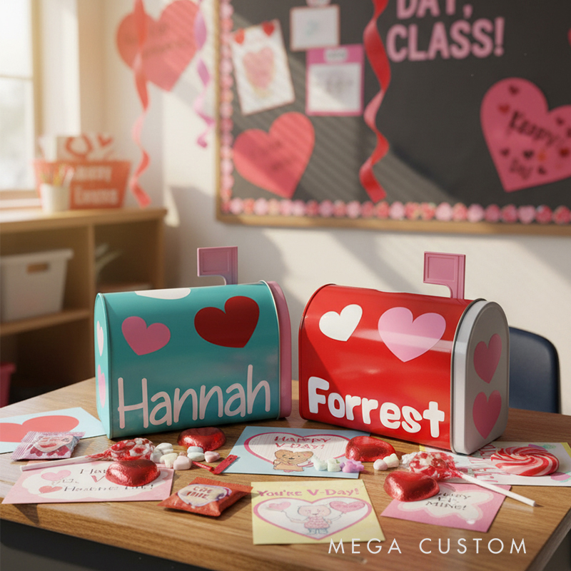 Personalized Valentine’s Tin Mini Mailbox for Kids Custom Name with Heart Design