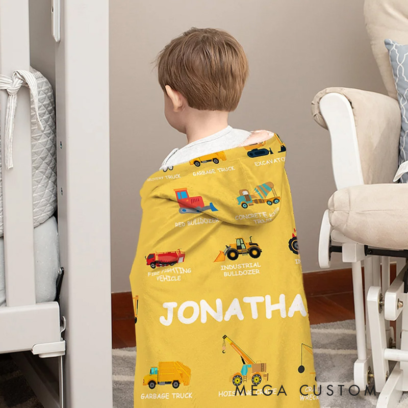 Personalized Construction Truck Baby Hooded Blanket with Name Soft and Warm Christmas Birthday Gift for Kids