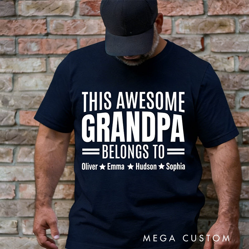 Personalized Grandpa T-Shirt Custom This Awesome Grandpa Belongs To Gift for Grandfather Father's Day Birthday Comfortable Cotton Shirt for Men