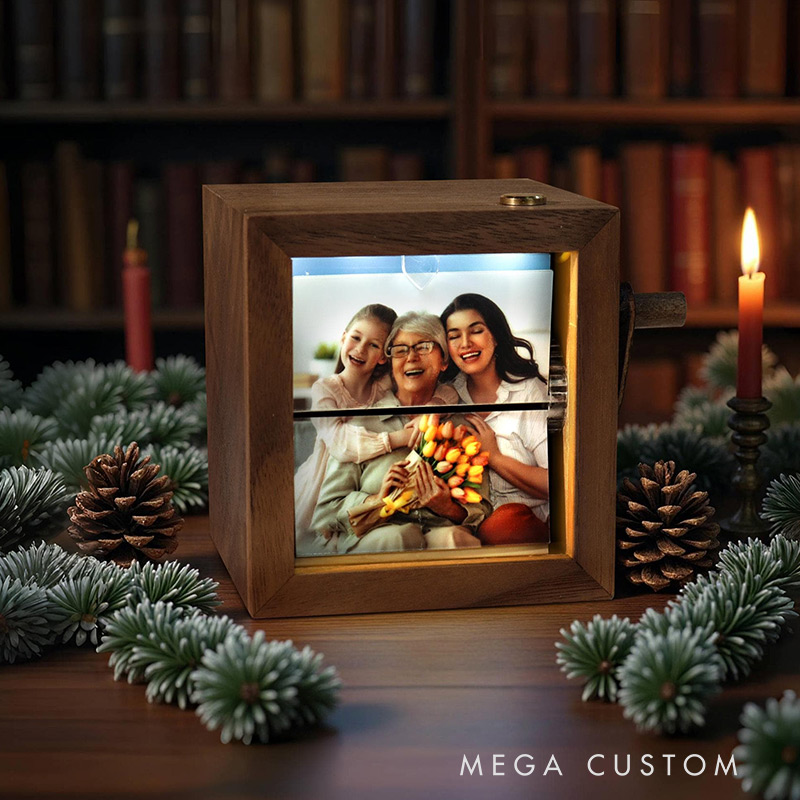 Personalized Lighted Photo Flipbook Box Hand-Cranked Wooden Memory Album Custom Photo Flipbook Frame Gift for Family