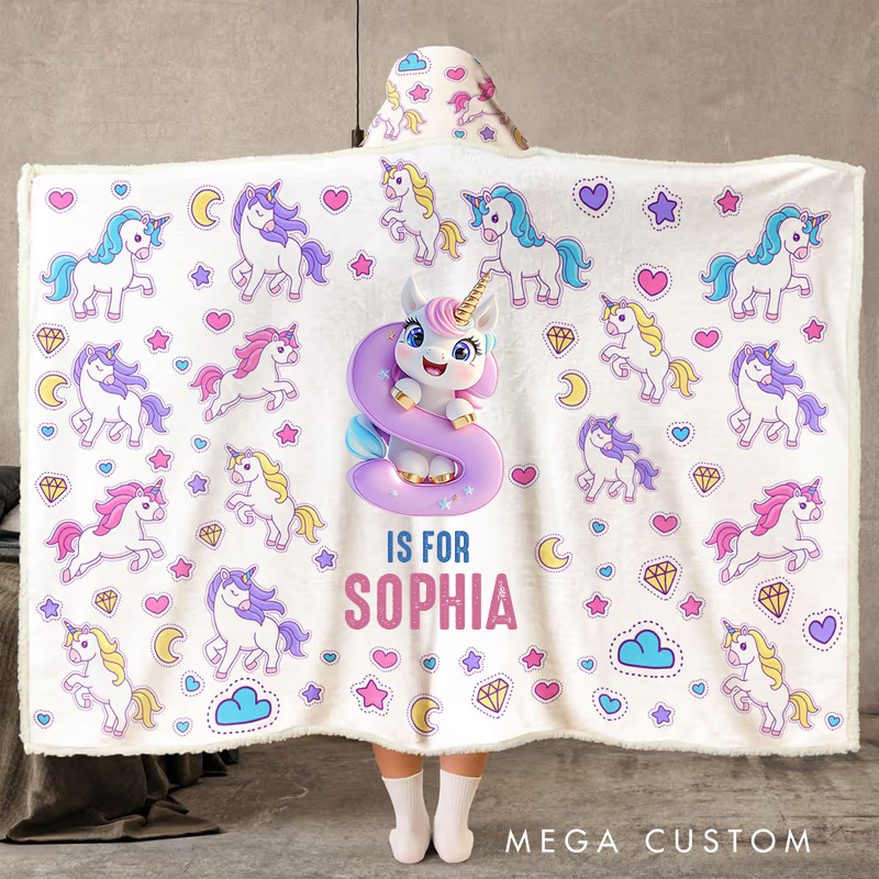 Personalized Kids Gift Theme Custom Name Colorful Rainbow Horse and Comfort Soft Hooded Blanket