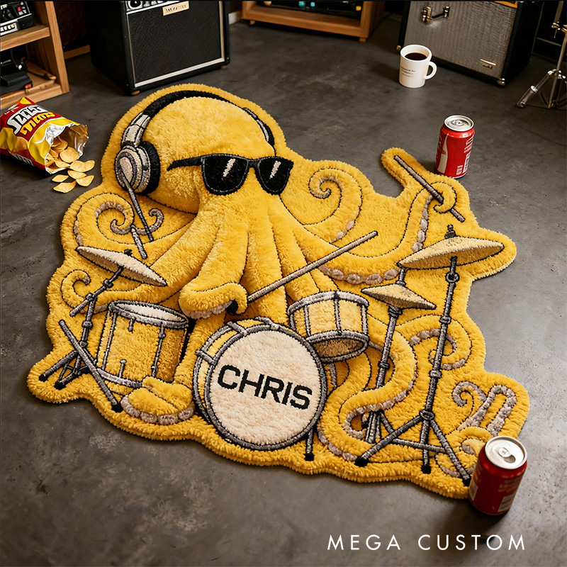 Personalized 2D Flat Octopus Drummer Rug for Music Lovers Gift for Kids Music Studio