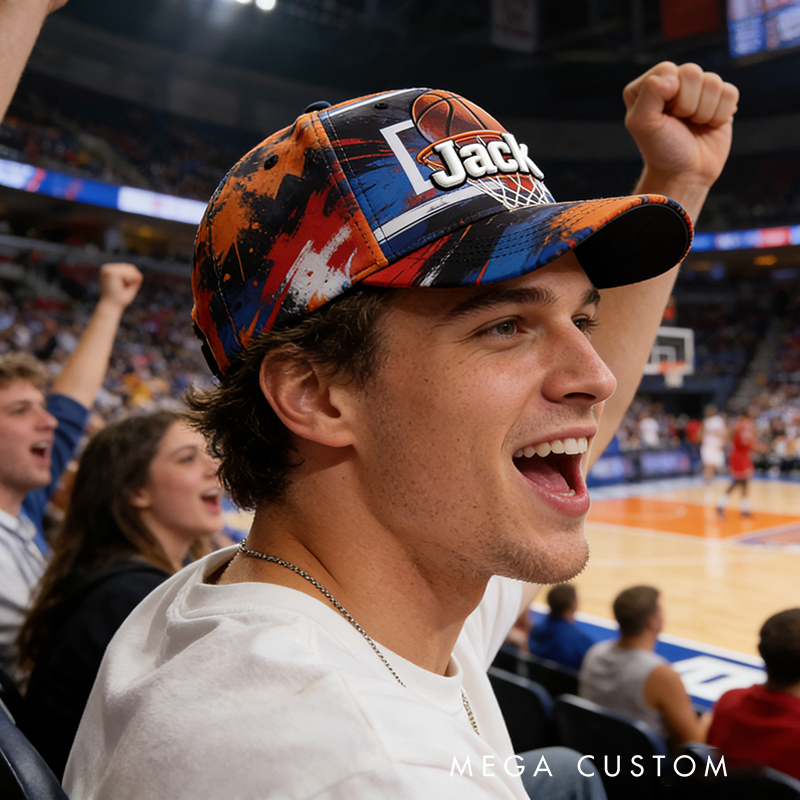 Personalized Basketball Hat with Custom Name and Dynamic Hoop Design for Basketball Enthusiasts