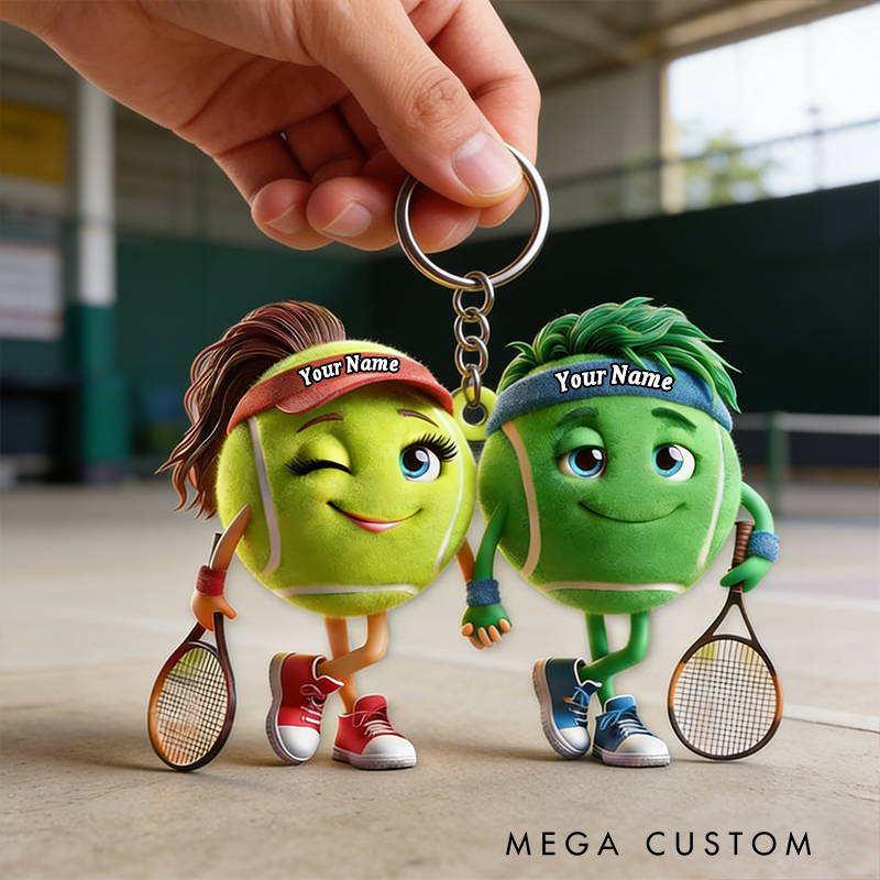 Personalized Tennis Couple Keychains with Custom Names and Cute Design