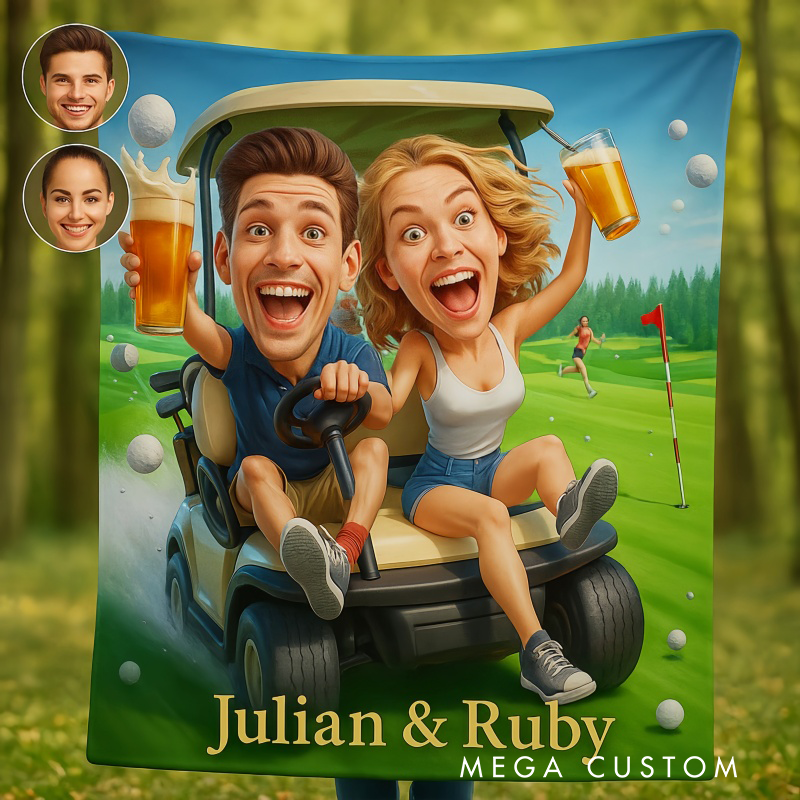 Personalized Golf Cart Blanket with Custom Couple Caricature and Names