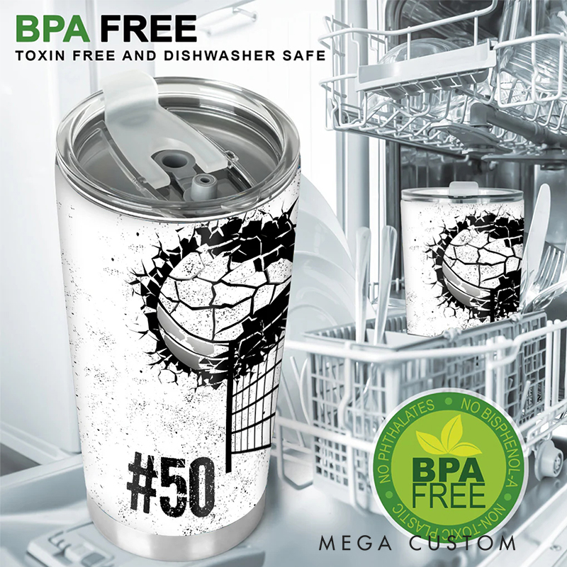 Personalized Volleyball Tumbler Featuring Cracked Volleyball Artwork with Custom Name and Number for Volleyball Fans