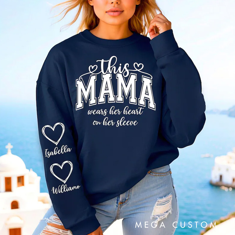 Personalized This Mama/Grandma/Nana Wears Her Heart on Her Sleeve Mama Bundle Mother's Day Custom Kids Names Mama Heart Mom Sweatshirt