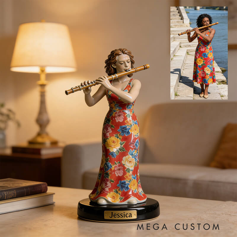 Personalized 2D Flat Ceramic-Style Flute Player Desktop Figurine for Music Lovers Acrylic Plaque Gift for Kids Music Studio