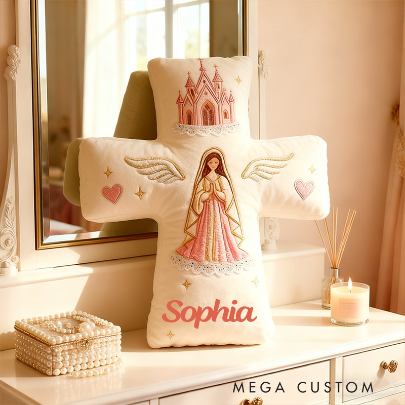 Personalized Virgin Mary Cross Pillow with Custom Name Kid Room Decor Church Cross Angel Wing Religious Faith Gift for Her Graphic 3D Print Pillow