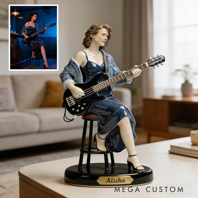 Personalized 2D Flat Ceramic-Style Bass Player Figurine for Music Lovers Acrylic Plaque Gift for Kids Music Studio