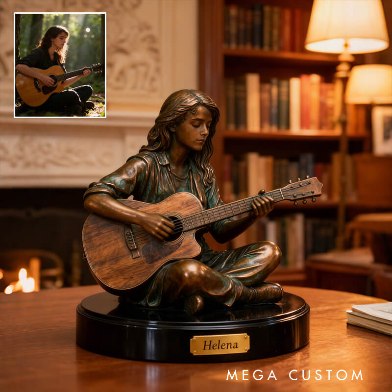 Personalized 2D Flat Guitar-Themed Photo Metal Bronze Style Desktop Figurine for Music Lovers Acrylic Plaque Gift for Kids Music Studio