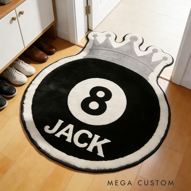 Personalized Billiards Rug with 8-Ball and Regal Crown Design and Custom Name for Pool Enthusiasts
