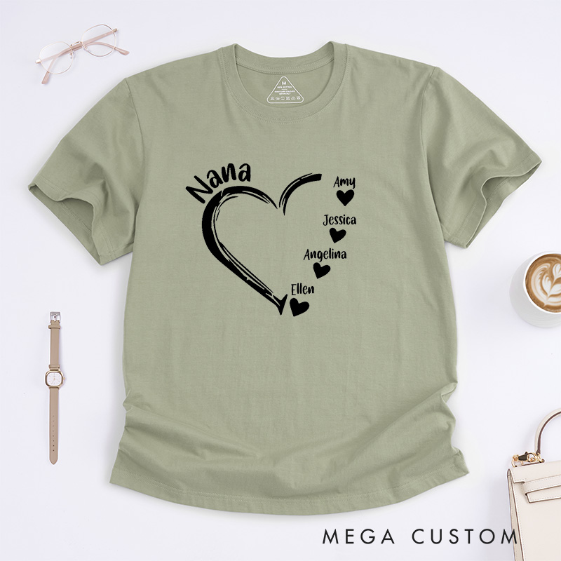 Personalized Nana T-Shirt Custom Heart Design Gift for Grandmother Mother's Day Birthday Comfortable Cotton Shirt for Women Unique Grandma