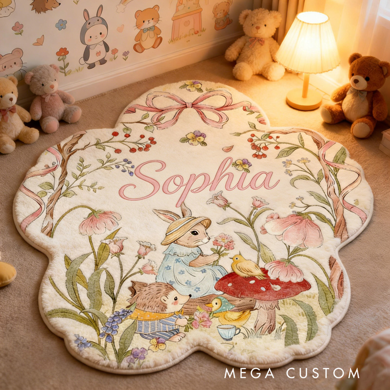 Personalized Woodland Theme Custom Name Cute Animal Forest Scene Soft Flower Shape Carpet Rug for Kids