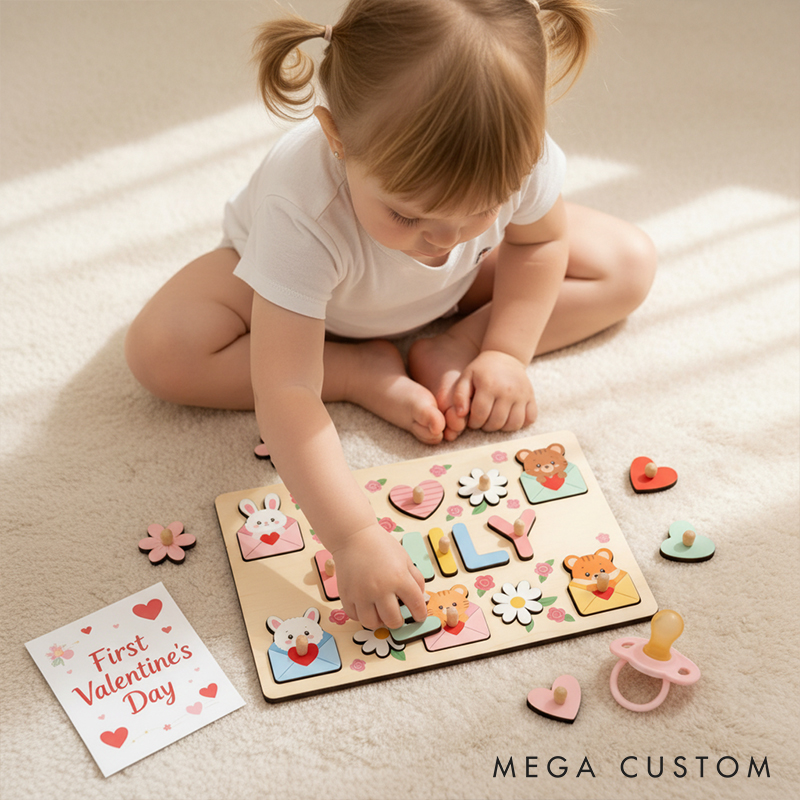 Personalized Wooden Name Puzzle for Kids Montessori Valentine's Gift with Custom Wooden Letters and Adorable Design Toddler Learning Toy