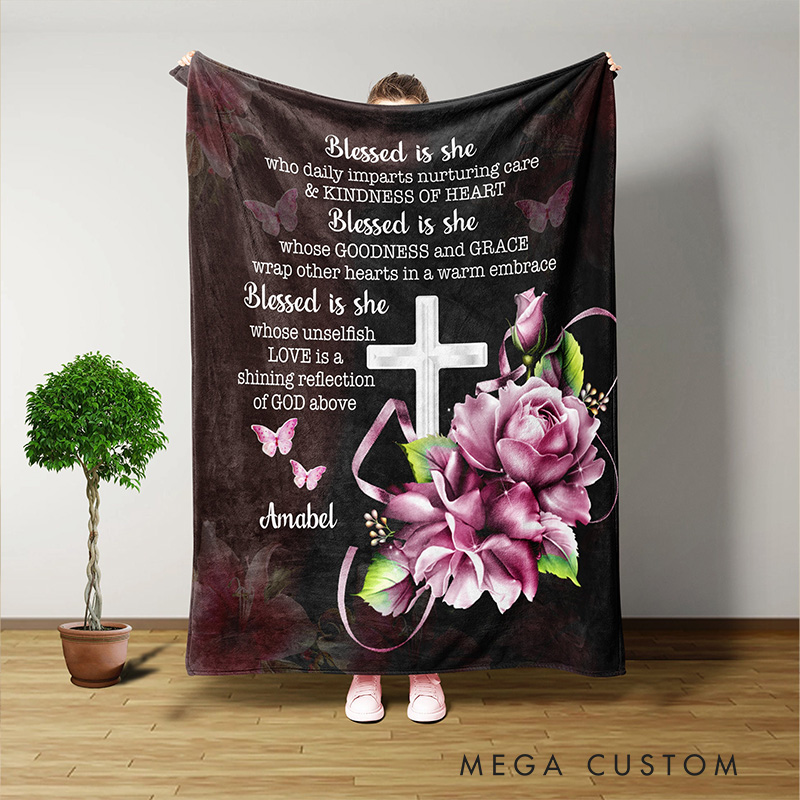 Personalized Blessed is She Soft Throw Blanket with Custom Name Christian Gifts for Women Cross Rose Inspirational Gifts for Her Religious Gifts