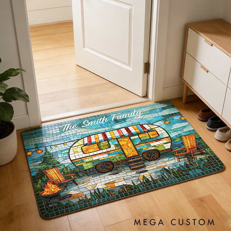 Personalized Stained Camper Rug Rv Life Rug Family Camper Rug Decor Gift for Outdoor Lovers