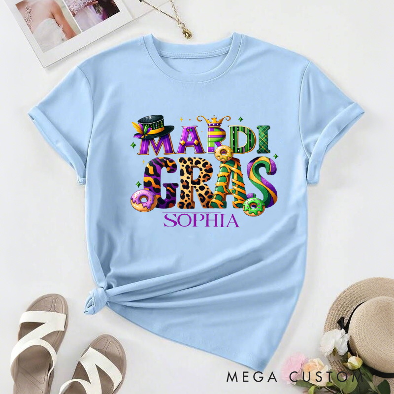 Personalized Mardi Gras Donut Classic T-shirts King Cake Shirt with Name Louisiana Tee Carnival Coquette Tee Gift for Women Her Baking Lover