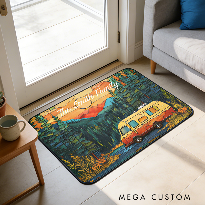 Personalized Scenic Camper Van Rug Stained Camper Rug Decor Family Outdoors Camping Rug Gift for Camping Lover