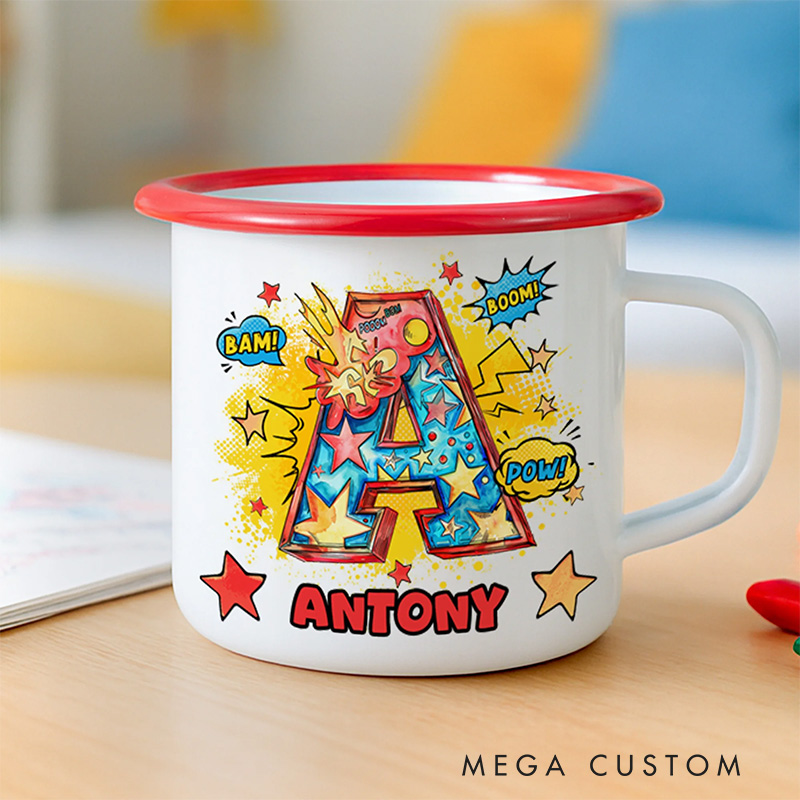Personalized Comic Initial 12oz Enamel Mug with Initial and Name Back to School Birthday Easter Gift for Kids
