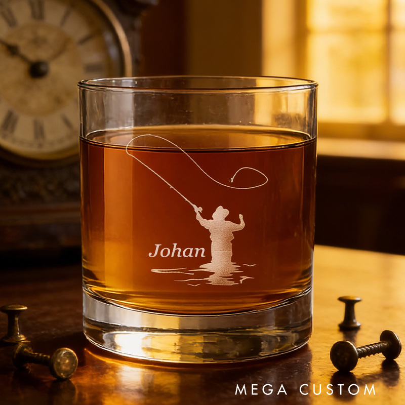 Personalized Fishing Whiskey Glass Fly Fisherman Whiskey Glass Outdoor Fishing Gift for Husband Him