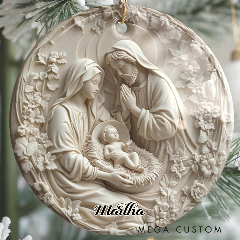 Personalized Nativity Ceramic Christmas Ornament for Christmas with Custom Name Religious Home Décor Faux 3D Holy Family Keepsake Christian Gift