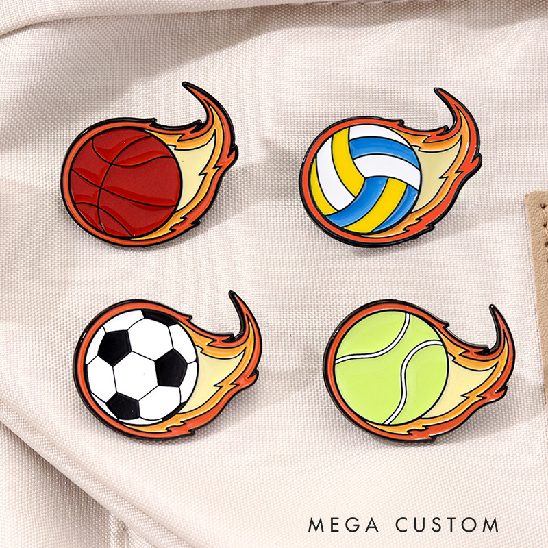 Personalized Sports Ball Pins with Fiery Design for Sports Lovers