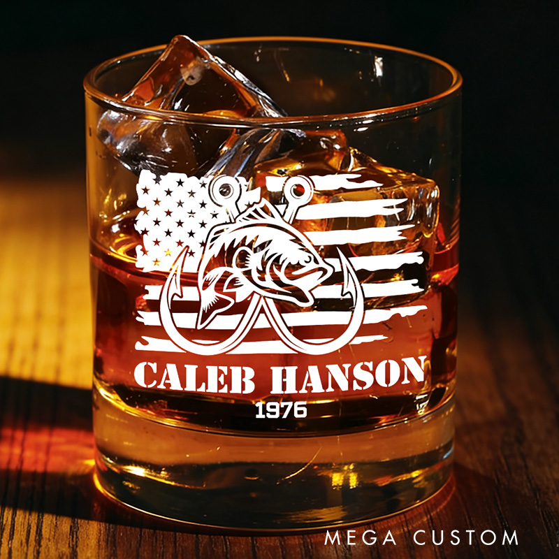 Patriotic Fishing Whiskey Glass Fisherman Outdoors Whiskey Glasses Fishing Gifts for Man Husband