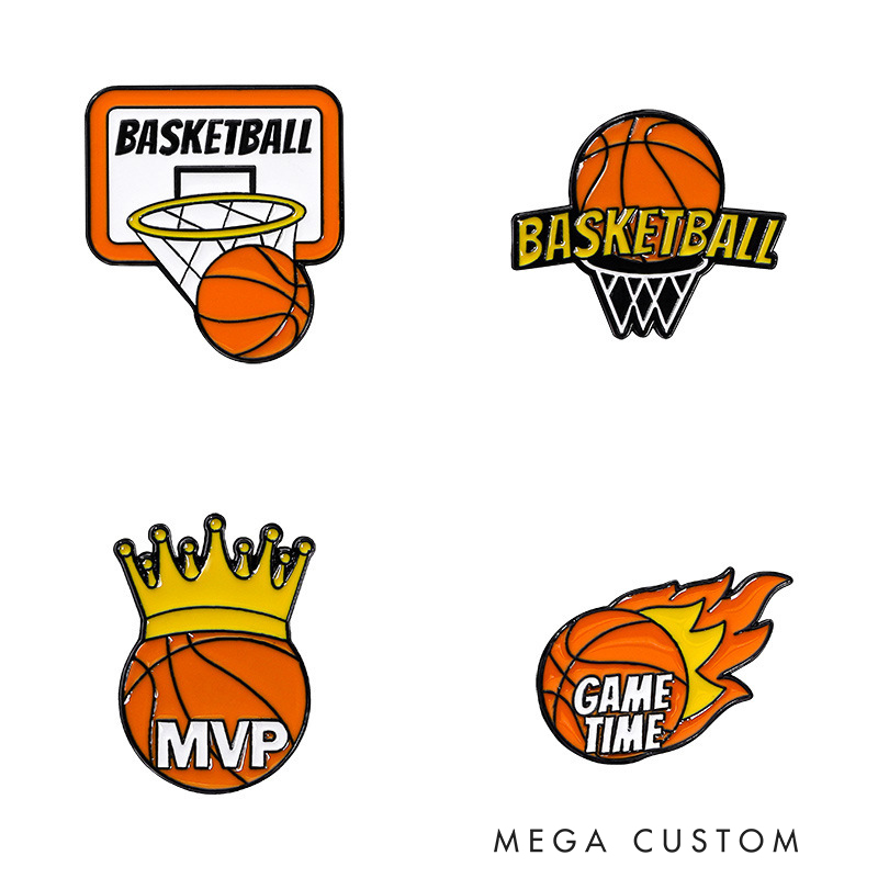 Personalized Basketball Themed Pins Featuring Basketball Hoops and Crowns